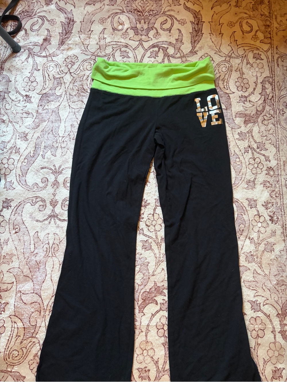 SO Y2K Black Neon Green LOVE Fold Over Yoga Pants